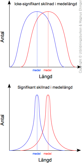 Medellängden är densamma i båda mätningarna, men i det nedre fallet är skillnaden mellan de blåa och de röda signifikant.