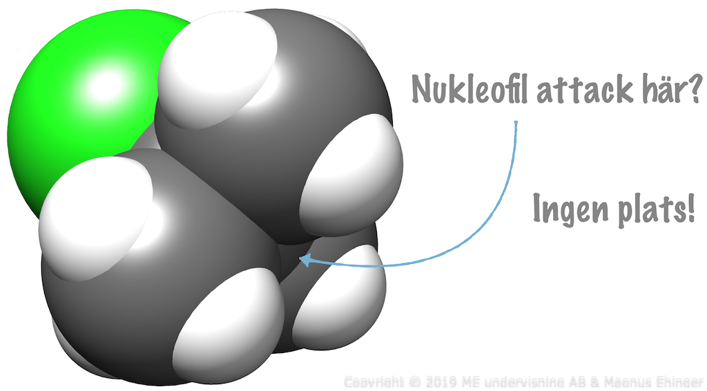En nukleofil attack är inte möjlig på 2-klor-2-metylpropan.