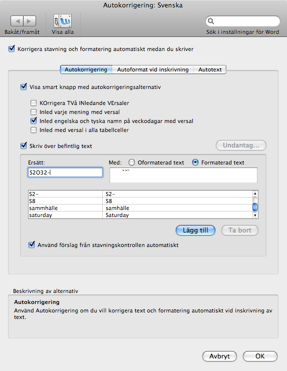 Autokorrigering i Word.